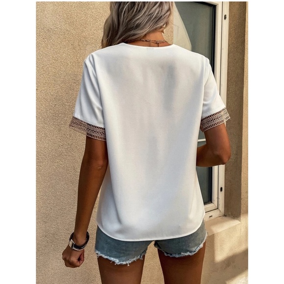 White Tan Neutral Contrast Lace Short Sleeve Blouse Small - Picture 3 of 12
